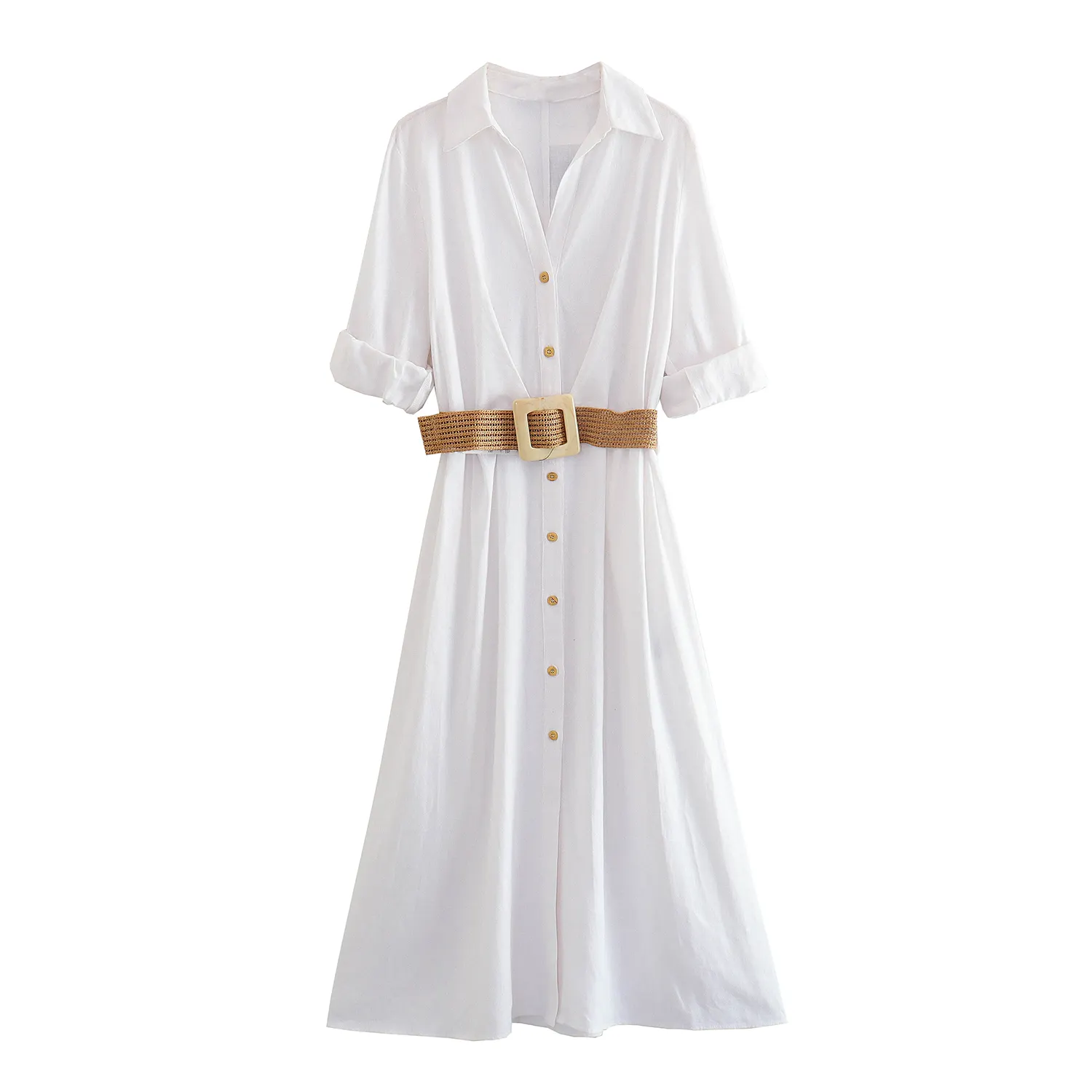 Beyaz renk uzun kollu düğmeler up sashes turn down yaka casual kadın uzun gömlek elbise