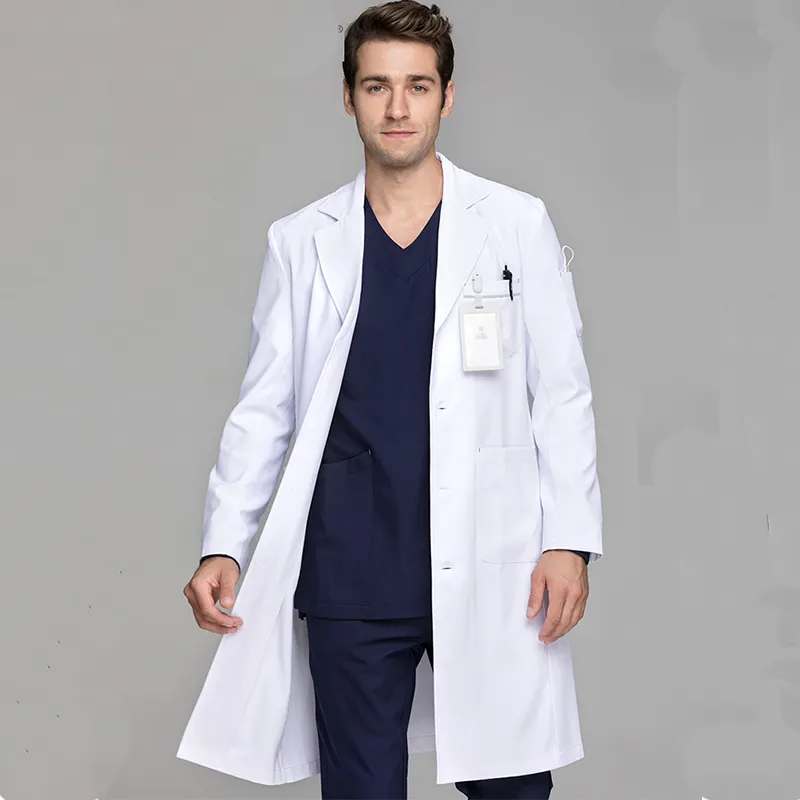 Médico casaco branco de mangas compridas, homens e mulheres, uniforme oral de farmácia azul, pet shop, macacões de hospital de beleza