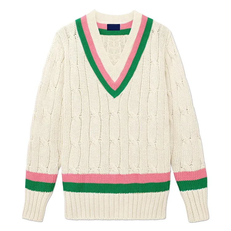 OEM unisex crema vintage insigne patch disponibile laine lana top personalizzato unisex verde rosa 7GG cotone maglia a trecce maglione con scollo a v