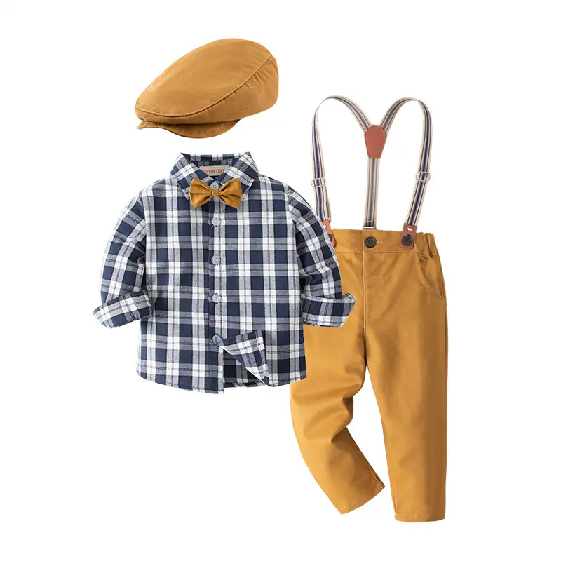 2023新しい春の男の子の服セットフォーマルな長袖シャツ幼児の男の子パンツソフトサマーベビーツーピーススーツハット3個
