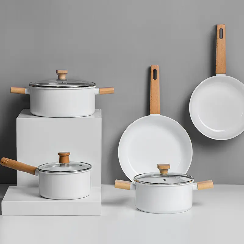 Conjunto de panelas de liga de alumínio para fogão a gás, utensílios de cozinha personalizados com cabo de madeira, caçarola e wok de sopa para fogão a gás