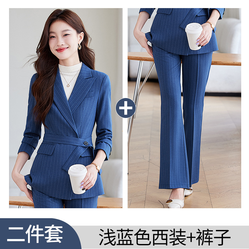 Light blue striped suit trousers belt