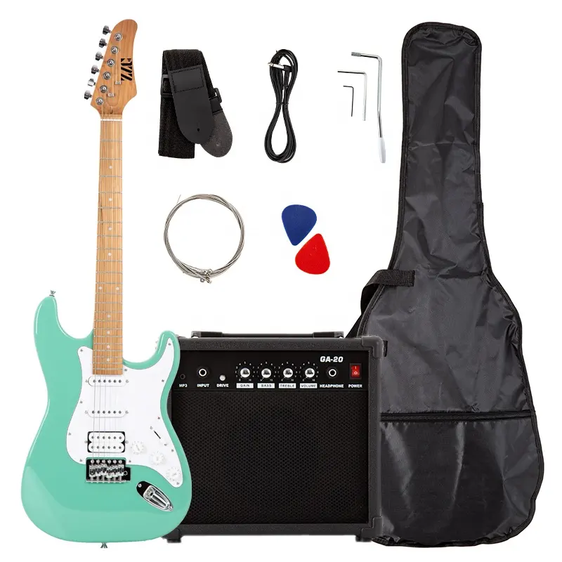 ZLG set gitar 6 senar dengan amplifier, Set gitar listrik 6 senar dengan penguat warna hijau SSH untuk pemula