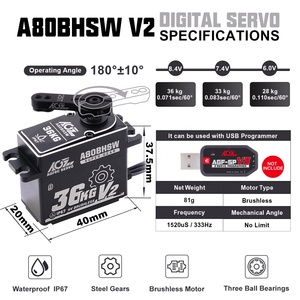 AGFRC A80BHSW V2 36 кг высокий крутящий момент 0,071 S высокая скорость BLS водонепроницаемый металлический механизм цифровой сервопривод для 1/10 весов RC автомобилей/самолетов робот - Product Image 6