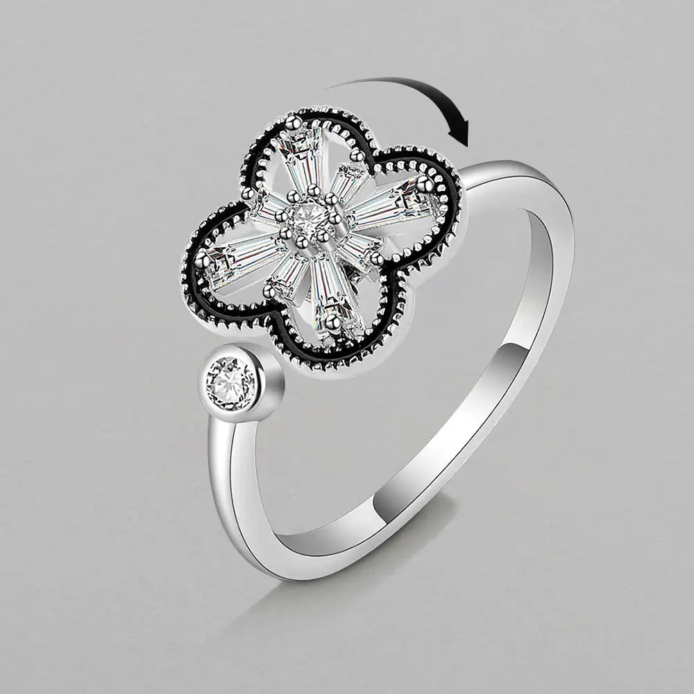 หรูหราเพทายดอกไม้ Charm แหวนปรับความวิตกกังวลลดแฟชั่นสแตนเลสเปิดแหวนผู้หญิงของขวัญ