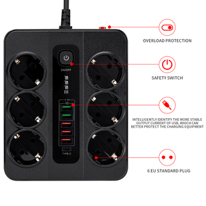 办公室家用欧盟插头3000W 2m电缆过载保护USB C型端口带安全开关电源条的扩展插座 - Product Image 3