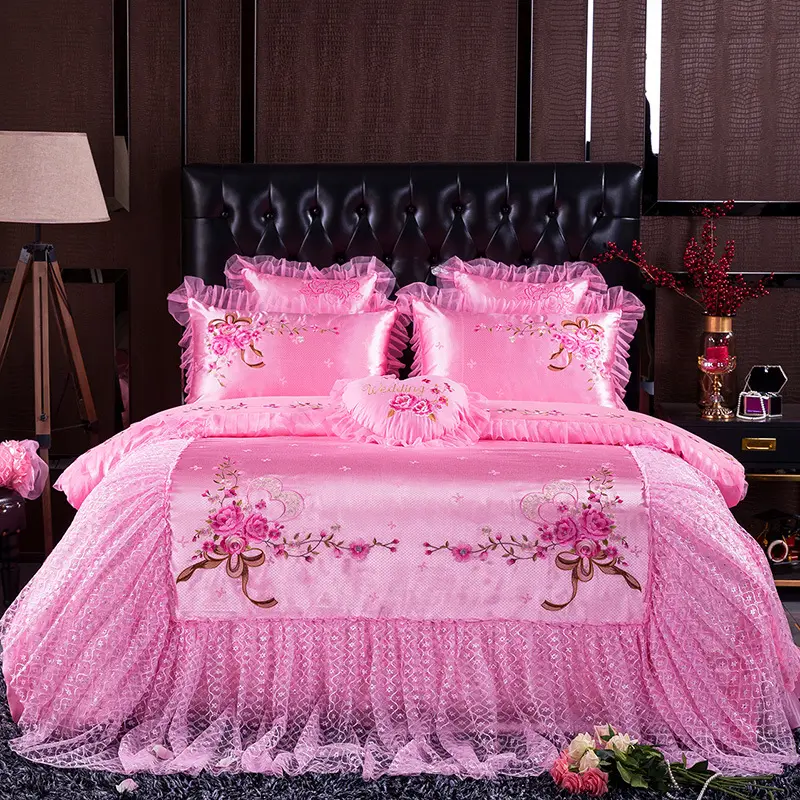Grosir Set tempat tidur Duvet mewah, selimut sutra ukuran King, seprai pernikahan, Set tempat tidur ukuran Queen