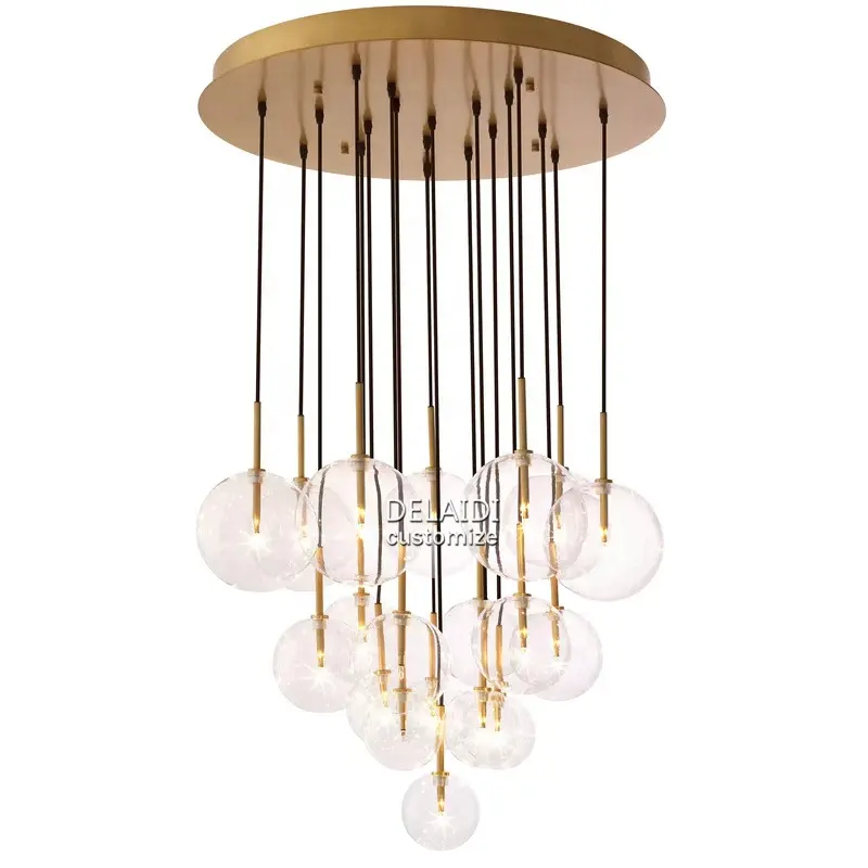 Design moderne 12 boule de verre clair pendentif longs lustres hôtel hall villa salle à manger escalier en colimaçon charme éclairage décoratif