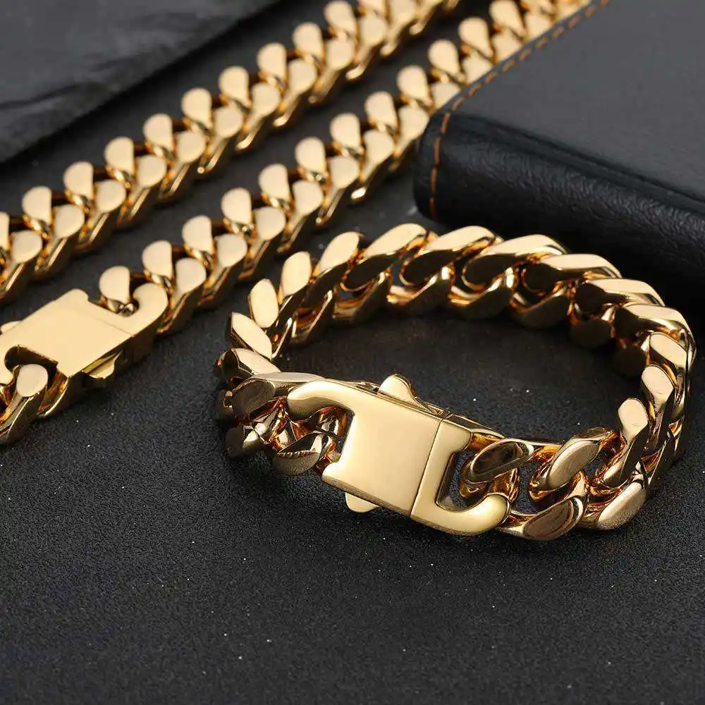 Hip Hop 18k Gold Plated Jewelry Wholesale Stainless Steel Cuban Link Chain Gold Necklace Bracelet For Men