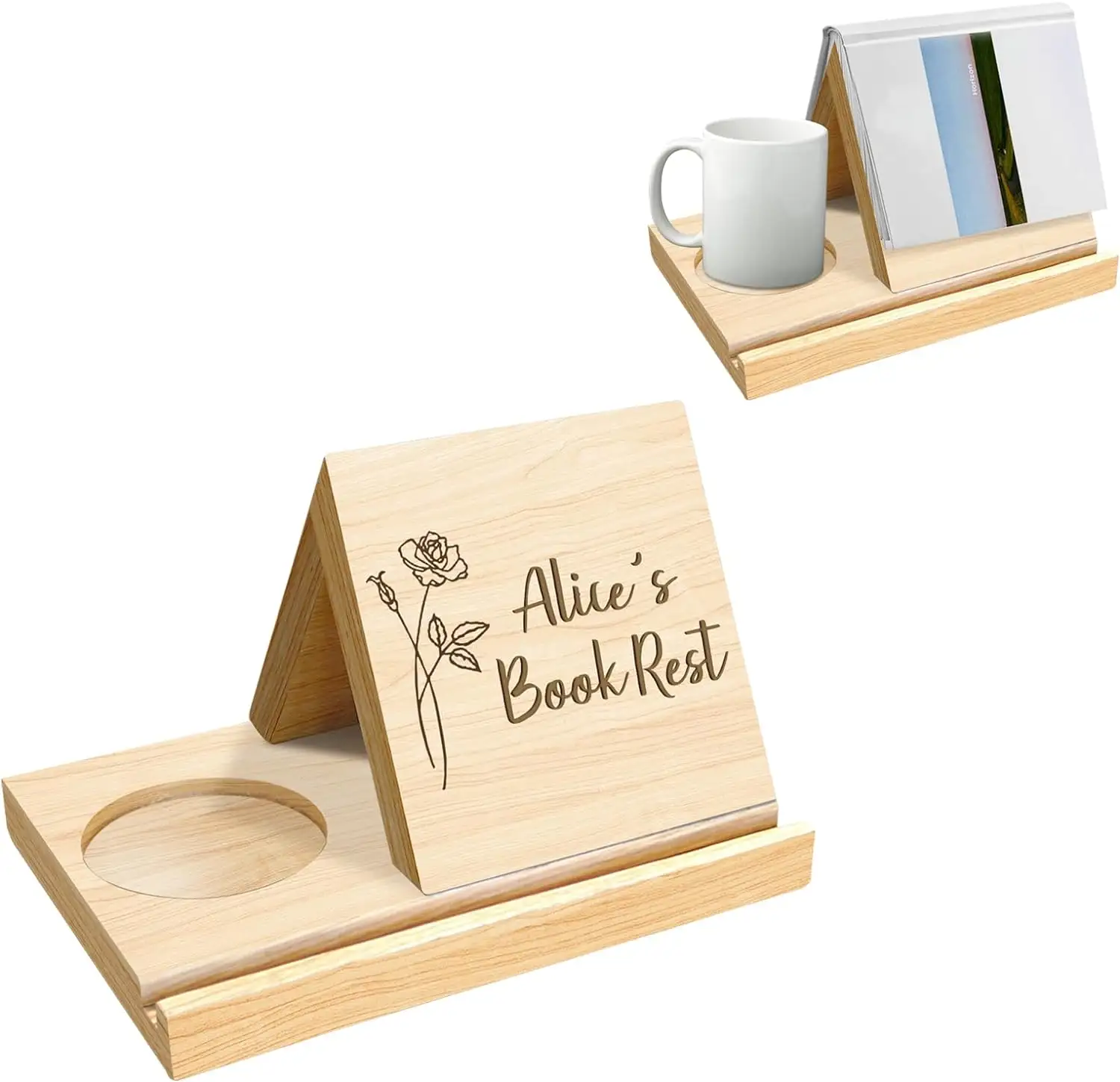 Personalized Custom Solid Oak Wooden Triangle Bookshelf Book Stand Holder with Coffee Drink Holder
