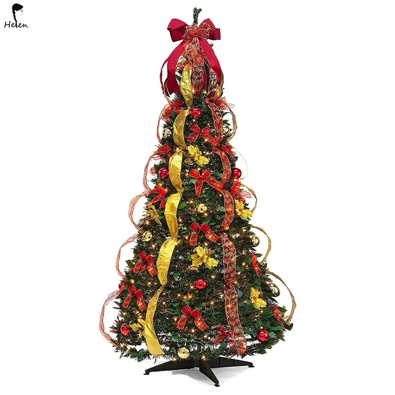 Árbol de Navidad de oropel de 2023 5 pies, árbol plegable preiluminado fácil de montar con 50 luces LED multicolores y adornos de bolas