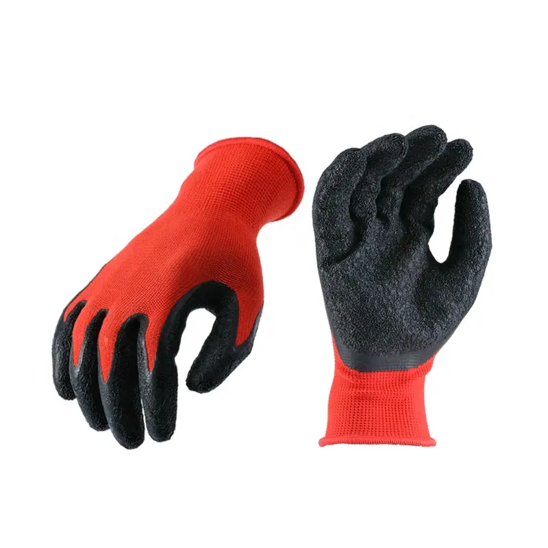 13 г, красные нейлоновые полиэфирные Нескользящие резиновые перчатки с черным морщинистым латексным покрытием, рабочие перчатки Guantes для защиты рук