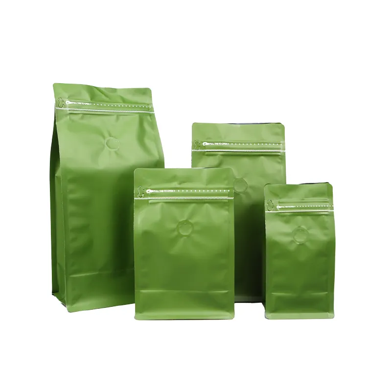 Granos de café personalizados de fondo plano con refuerzo lateral biodegradable, embalaje de 100g, 150g, 250g, 500g, 1kg, bolsas de café con válvula
