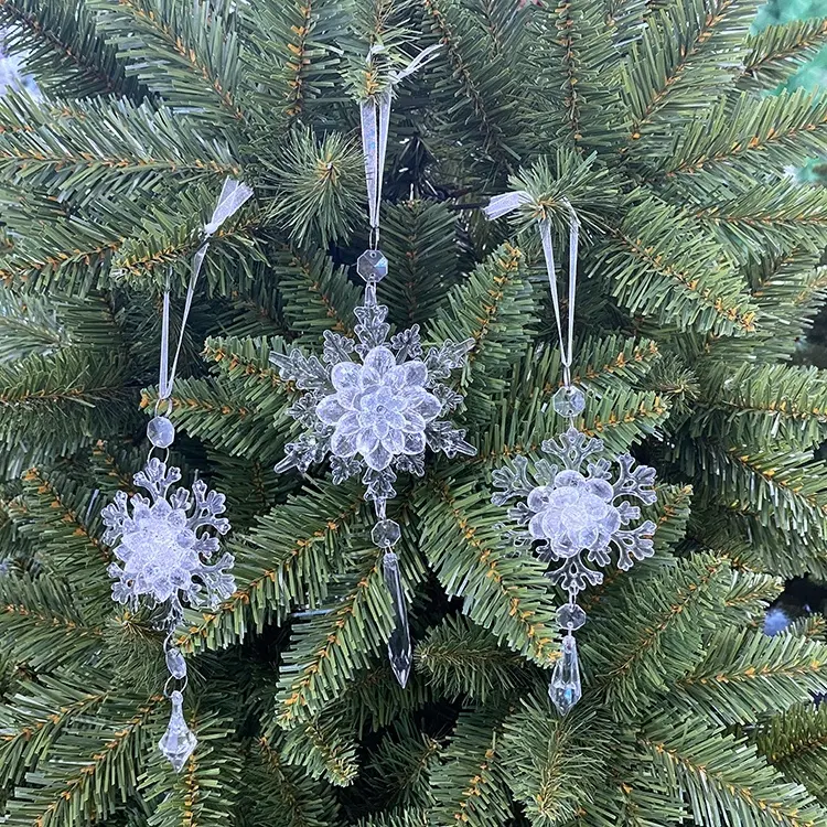 Adornos de árbol de Navidad personalizados, adornos de plástico transparente, colgante de copo de nieve acrílico, bajo precio