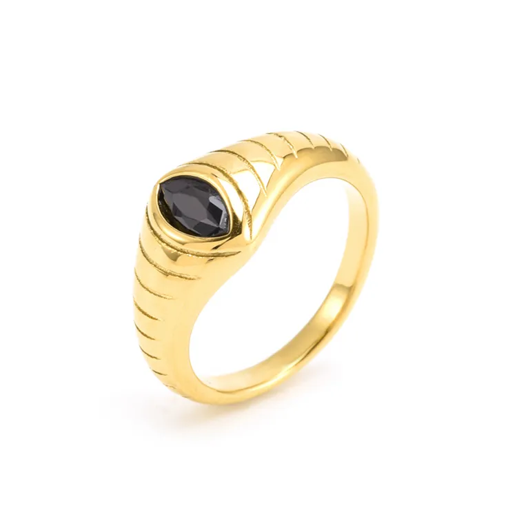 Anillo de dedo de cristal negro para mujer, joyería de boda de acero inoxidable, chapado en oro