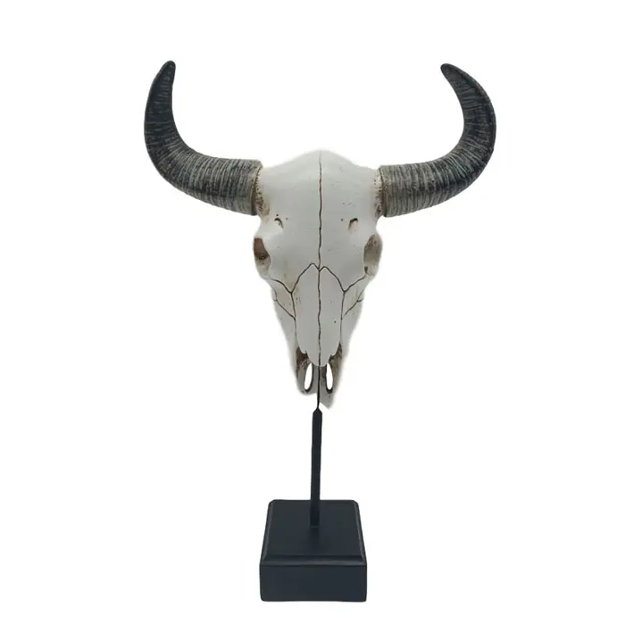Resin crafts animal buffalo skull head statue on base ornaments desk decor