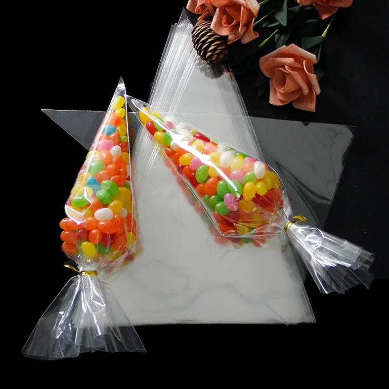 Custom Disposable Clear Plastic Pastry Popcorn Candy Sweet Cake Packaging Gift Bag Cone Shaped Cellophane Icing Piping Bag