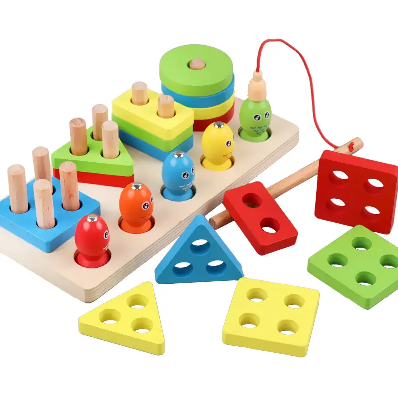 Forma di legno Sorter Stacker Toddlers puzzle giocattolo forme geometriche giocattolo Peg puzzle bambino impilabile in legno smistamento giocattoli gioco di pesca