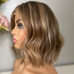 Natural Wave Lace Frontal <strong>Human</strong> Hair Wigs for Women Highlight #4/Blonde Short Bob Wigs Pre-Plucked Brazilian Virgin Hair 180% - Product Image 2