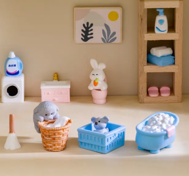 Casa de bonecas em miniatura, brinquedo para banheiro, produtos de higiene pessoal, pasta de dentes, sabonete líquido, máquina de lavar o corpo, esfregão, toalha, chinelo, banheira