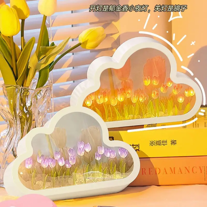 Mais recente mini Flor Quarto Espejo De Tulipanes Dormir Lâmpada De Mesa Handmade Nuvem Tulipa Espelho Lâmpada