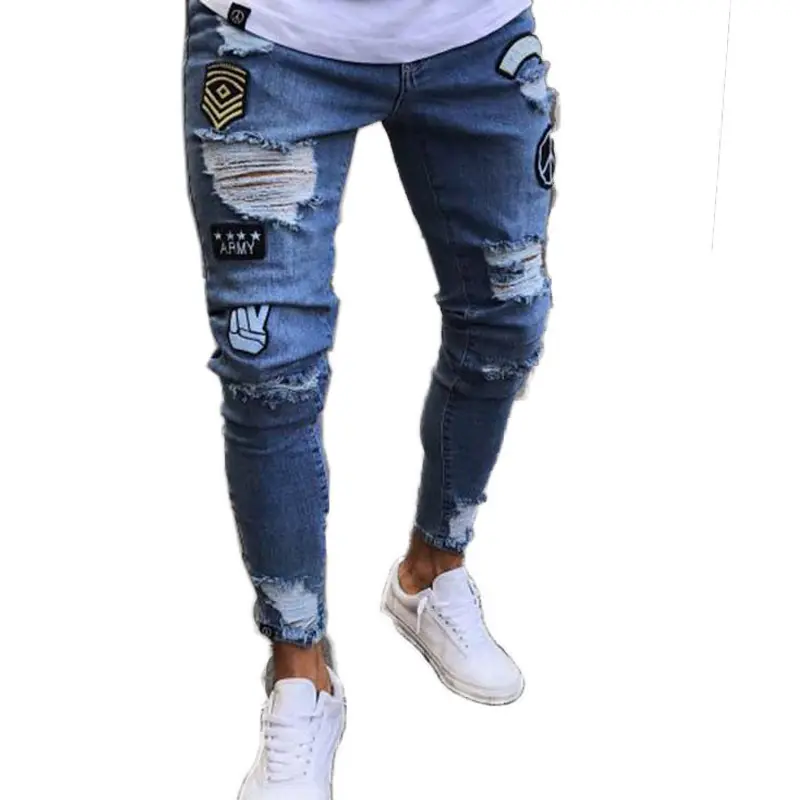 Phong cách Mens đau khổ bị phá hủy huy hiệu quần nghệ thuật các bản vá lỗi Skinny Biker Trắng jeans quần mỏng người đàn ông denim jeans New Italy dệt