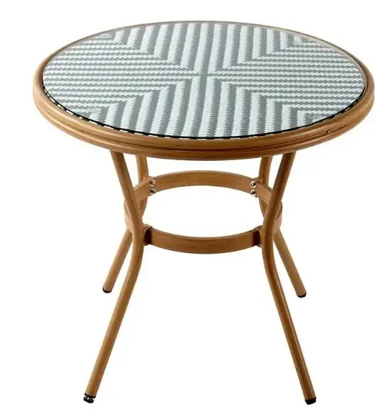 Uplion French Modern Patio Garden Furniture Glass Top Outdoor Wooden Look Aluminum Rattan Round Dining Table