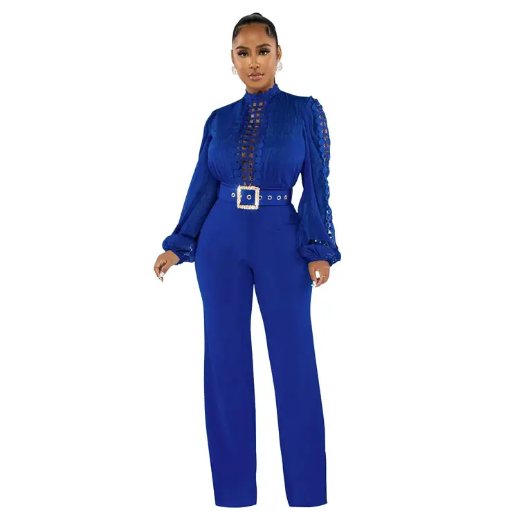 Fashion Formal Ladies Solid Color Rompers Puff Sleeve Hollow Out Belt Party Winter Women One Piece Jumpsuits