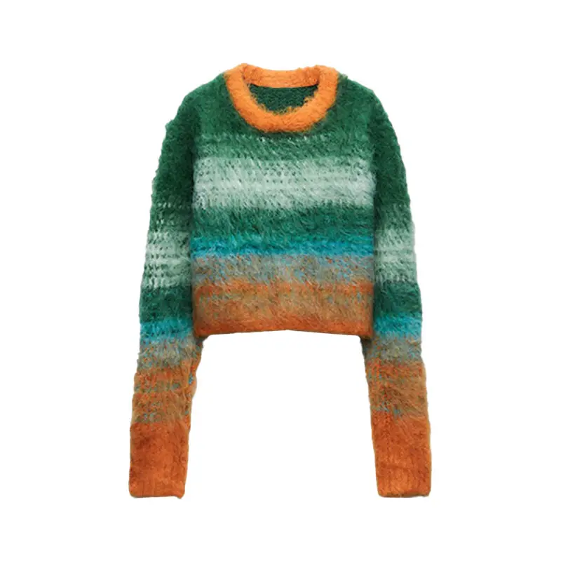 2023 suéteres de punto personalizados para hombres mohair Fuzzy prendas de punto de manga larga Jersey de punto de invierno a rayas mohair suéteres de punto para mujeres