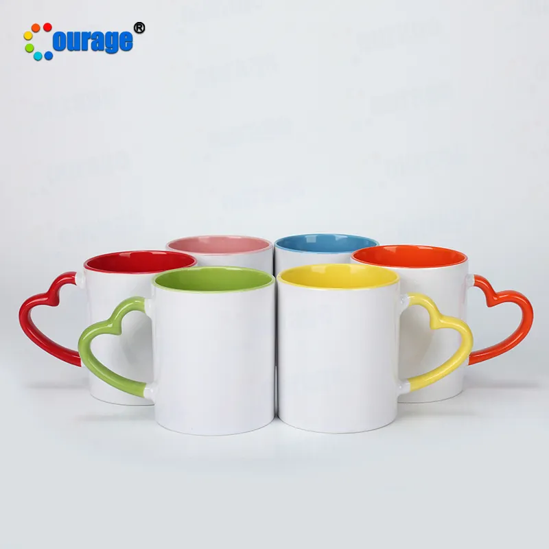 Taza de cerámica blanca con mango de corazón, color interior, color blanco, para sublimación, Popular