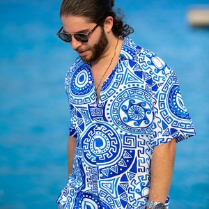 Yingling Hy Lạp Sét Màu Xanh Trắng Người Đàn Ông Áo Sơ Mi Ngắn Tay Áo Kỳ Nghỉ Mens Nút Xuống Áo Sơ Mi Mùa Hè Hawaii Đảng Bãi Biển Áo Sơ Mi - Product Image 1