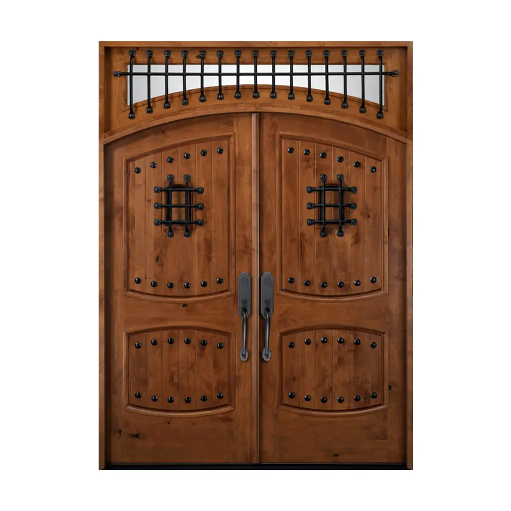 Porte d'entrée en bois massif en fer forgé, double porte avec design en forme de masjid de couleur bois