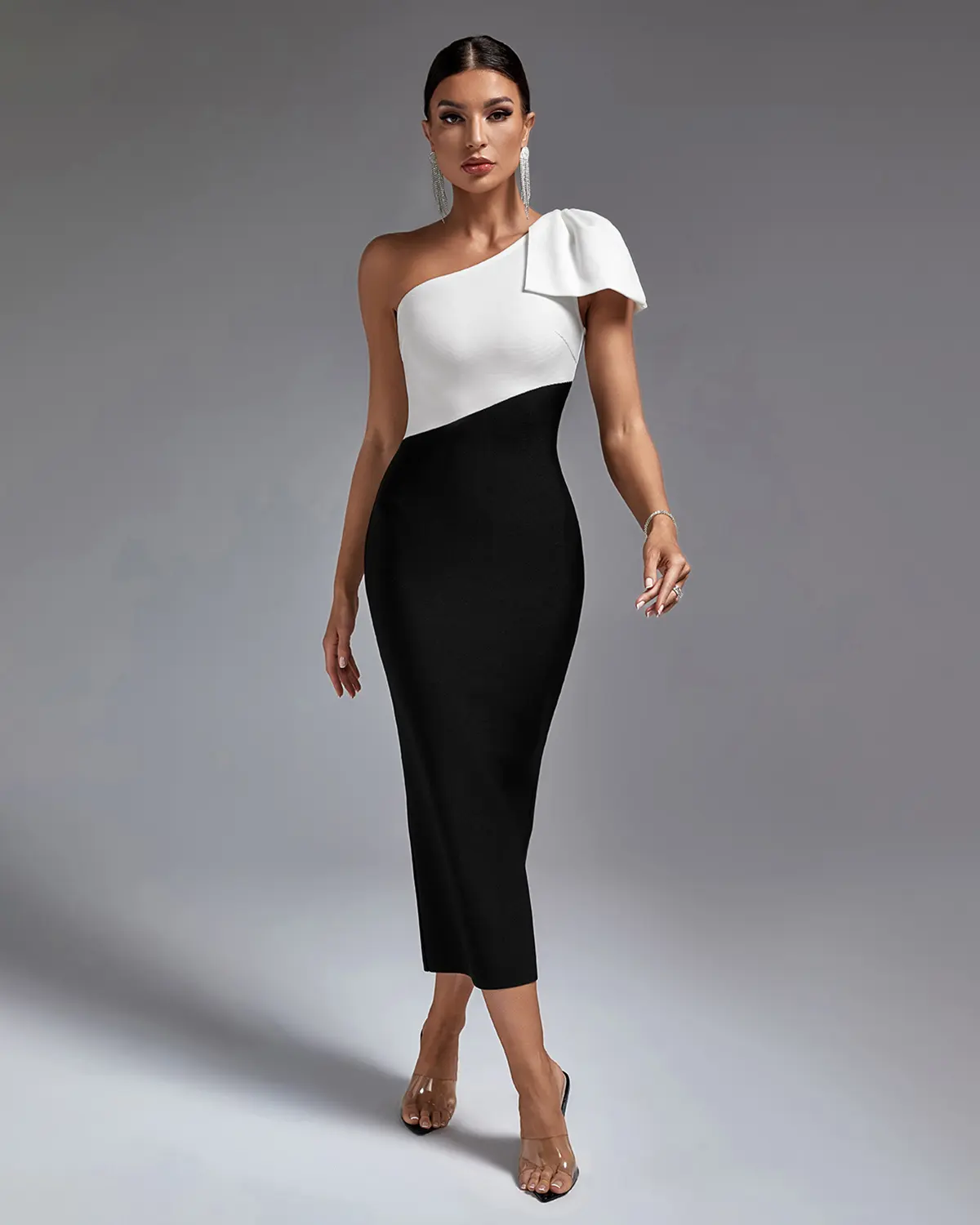 Ocstrade Verano Casual Dress Black And White Bandage Dress One Bow Shoulder Sleeveless Slim Fit Midi Casual Dress