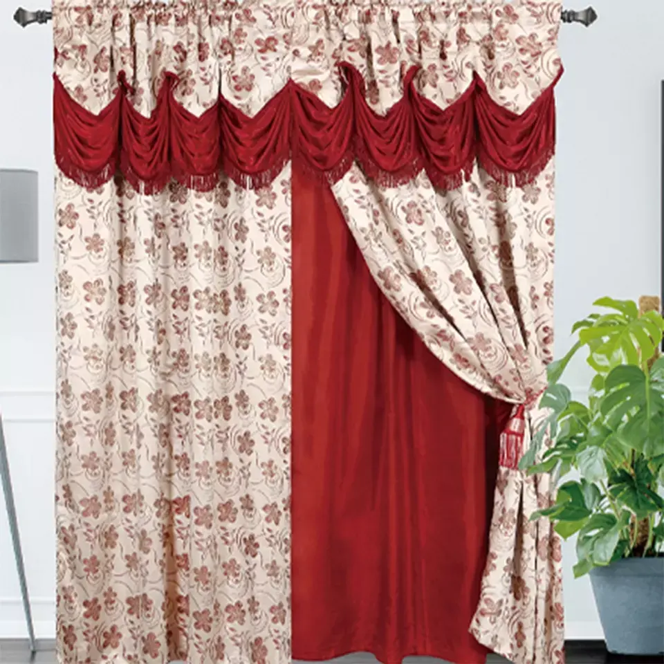 Tenda jacquard con mantovana floreale in stile americano a due strati con finestra di lusso pronta all'ingrosso fabbrica di tende per hotel da soggiorno all'ingrosso