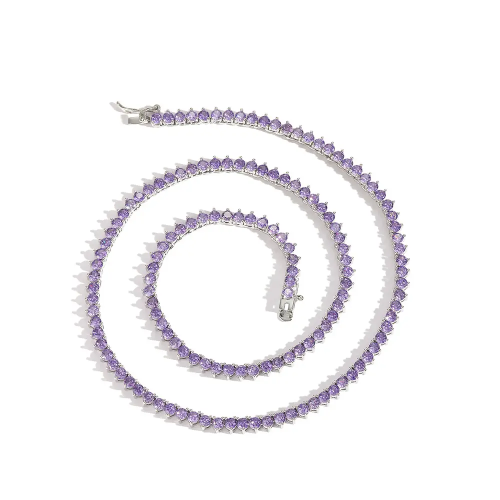 Cadena de tenis de zirconia púrpura, collar de latón de 3mm, 16 ", 18", 1 fila, joyería ostentosa de Hip Hop, CZ