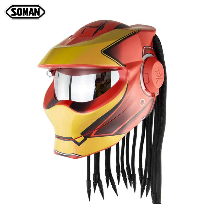 Predator-Cascos de cara completa para motocicleta, cascos de cara completa con tapa y lente trenzada plateada Soman SM958