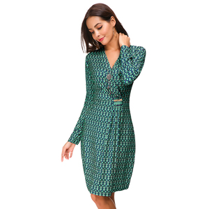 Son tasarım rahat ofis bayan tarzı giyim <span class=keywords><strong>V</strong></span> boyun bel kravat Slim Fit Bodycon çiçek kadınlar elbise