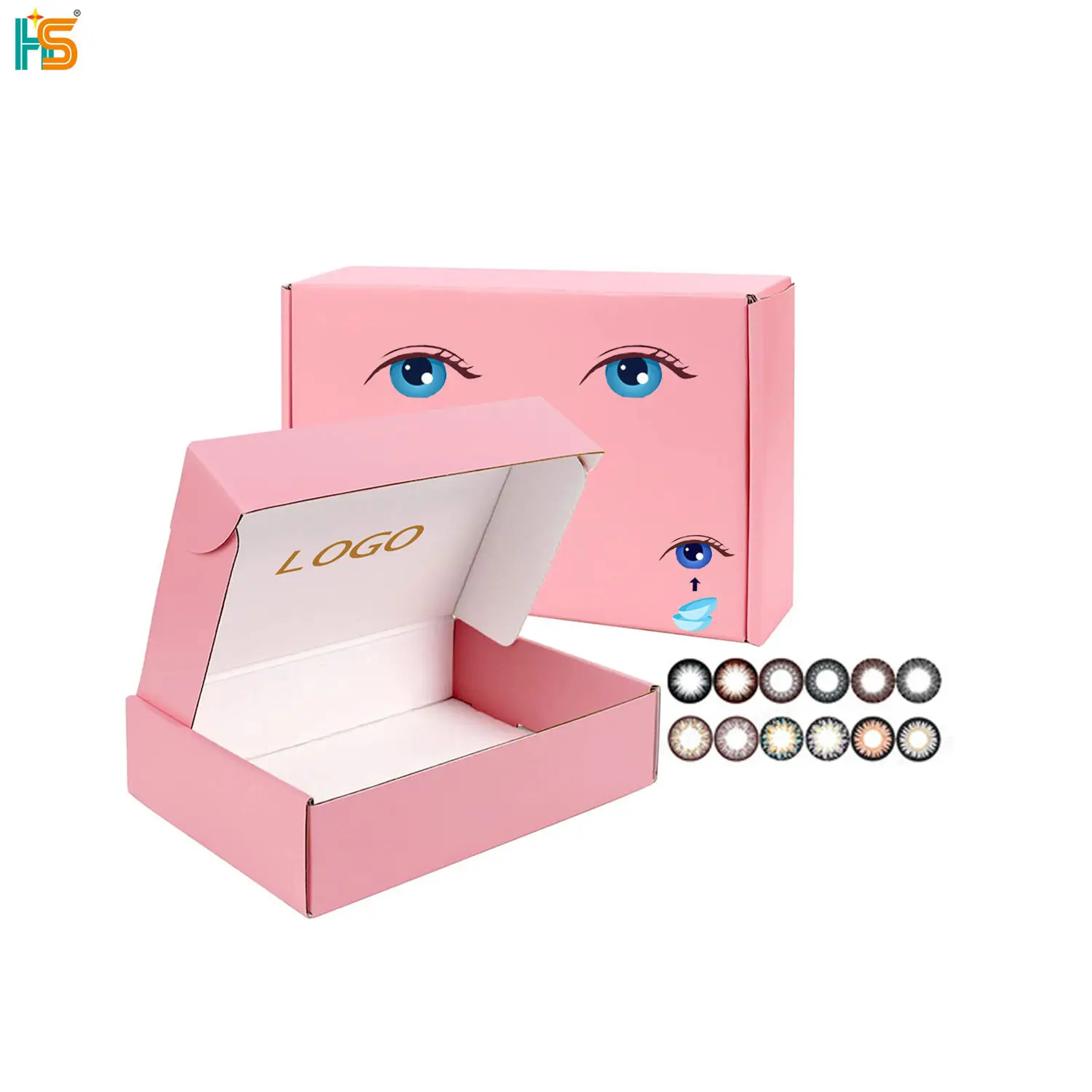 Caixas de papel cor-de-rosa para embalagem de lentes de contato, material reciclado, caixa de papel ondulado para impressão de logotipo