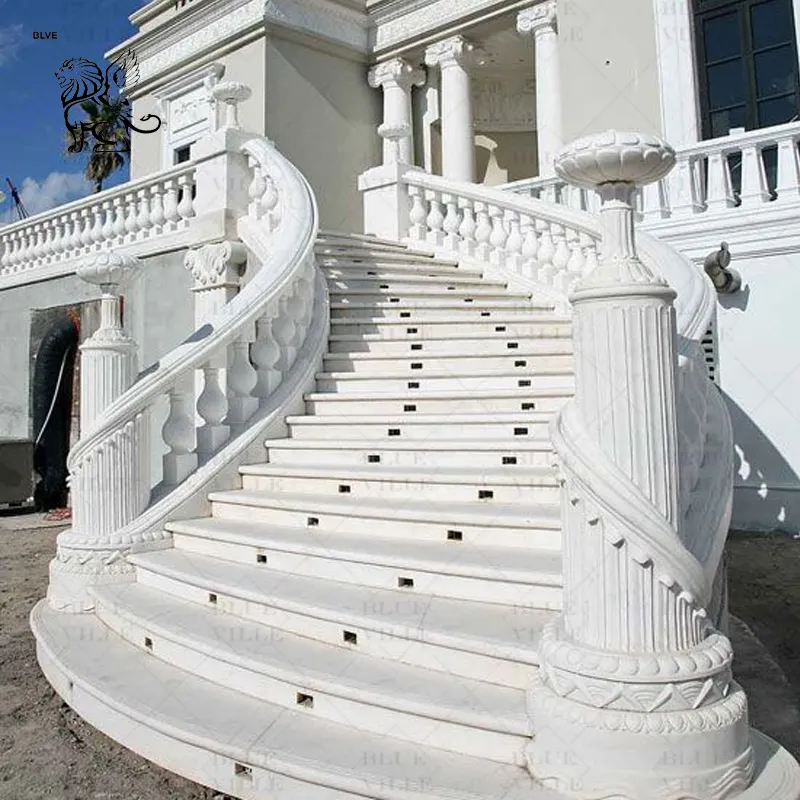 BLVE Decorative Outdoor Villa French Balcony Railing Design Luxury Spiral White Marble Stair Balusters Handrail