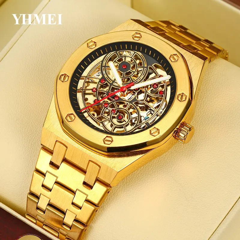Yhmei יוקרה נירוסטה עמיד למים באיכות גבוהה אוטומטית עבור גברים שעונים מכני סגסוגת אבץ עגול wristwatch