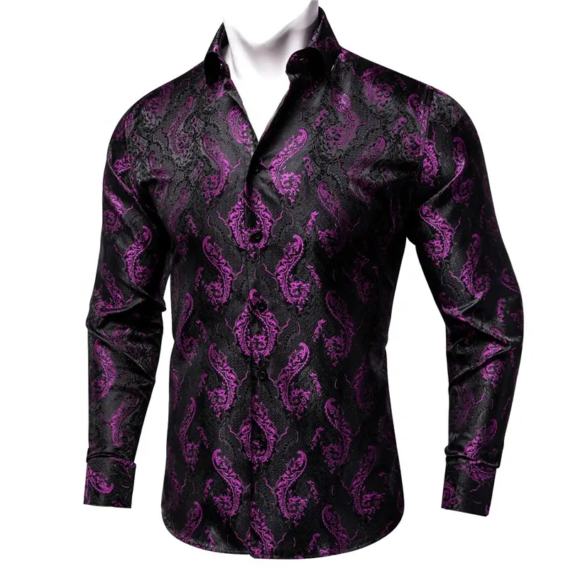 Chemise tendance grande taille à motif floral pour homme Chemise habillée décontractée à manches longues en soie tissée fleurie avec boutons et cachemire pour homme