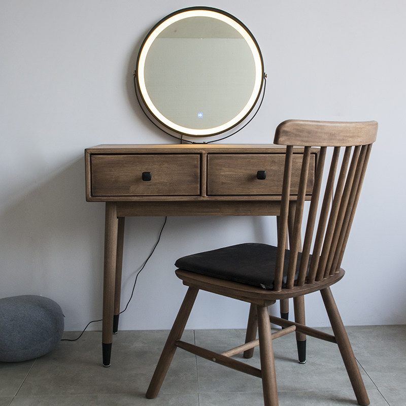 Miroir LED à deux tiroirs en bois massif 8040 + chaise - Noyer noir