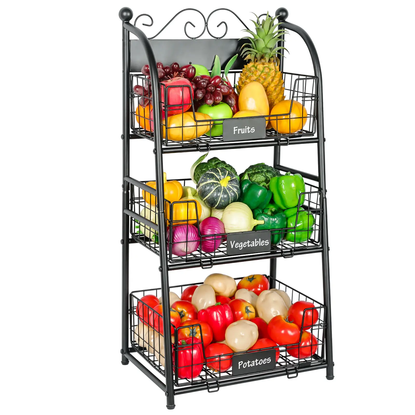 Cesta de Metal Ovalada con Pies Ajustables, Cesta de Frutas de Alambre Negro de 3 Niveles con Soporte para Tienda, Despensa, Armario de Cocina