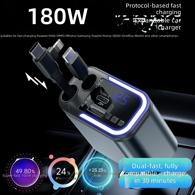 Charge rapide 180 W, MP3, Bluetooth, câble rétractable 1-5