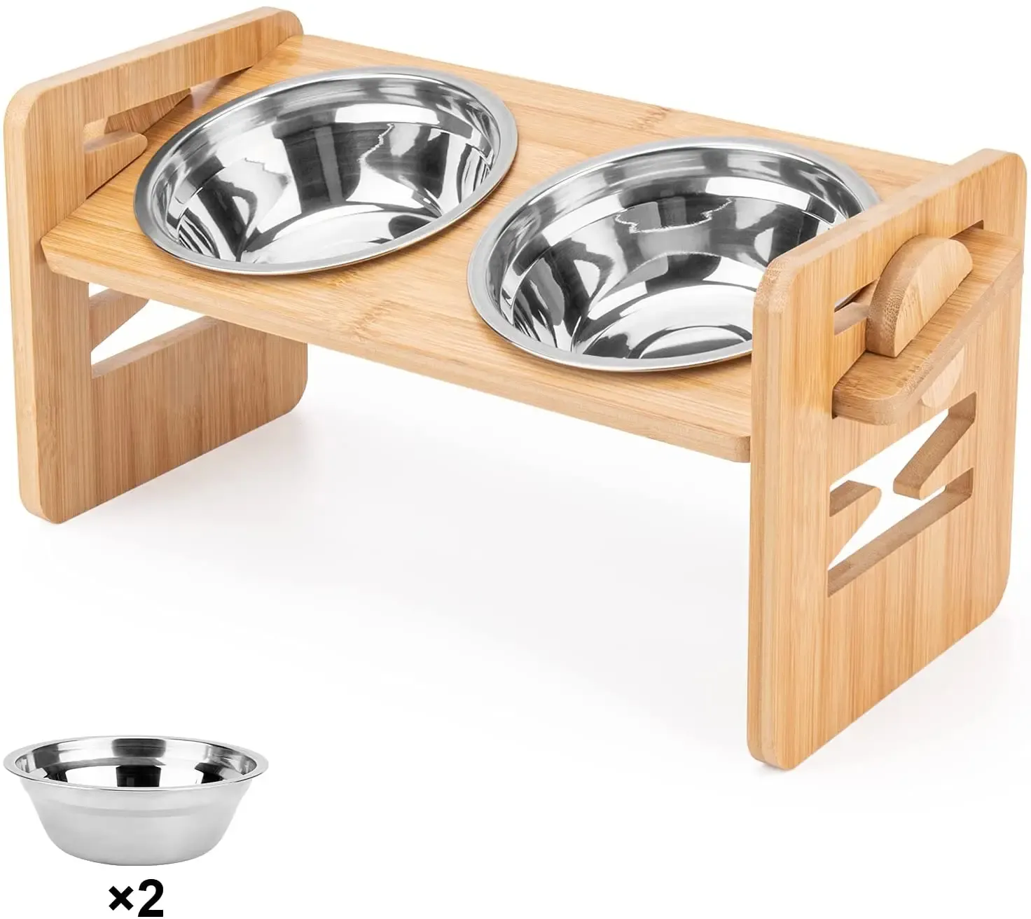 Mangkuk makan anjing, bahan kayu bambu mewah yang dapat disesuaikan mangkuk makan anjing peliharaan ditinggikan dengan 2 mangkuk baja tahan karat