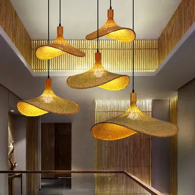 Lámparas colgantes de ratán de estilo campestre americano, iluminación de bambú para tienda y club