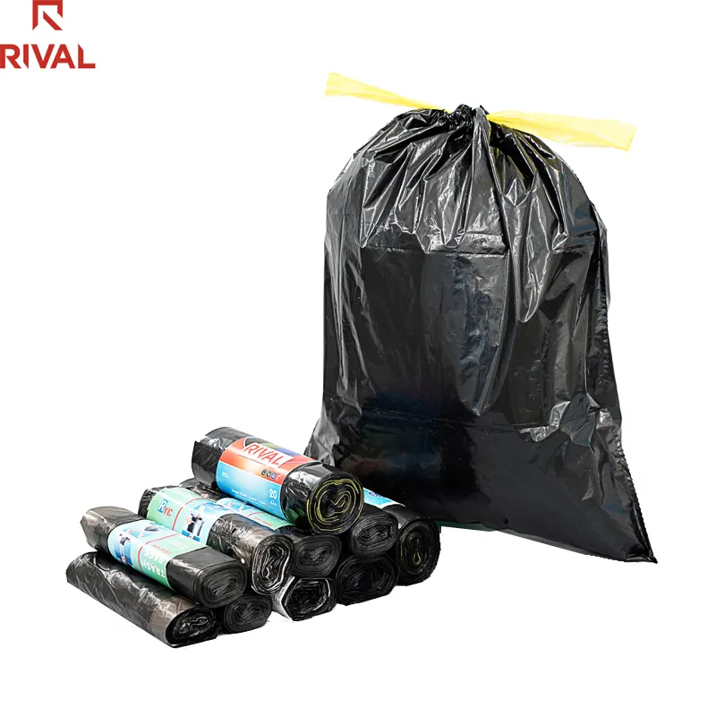Bolsas de basura de plástico con cordón para cocina, 13 galones, 0,9 mil, bolsa blanca/negra