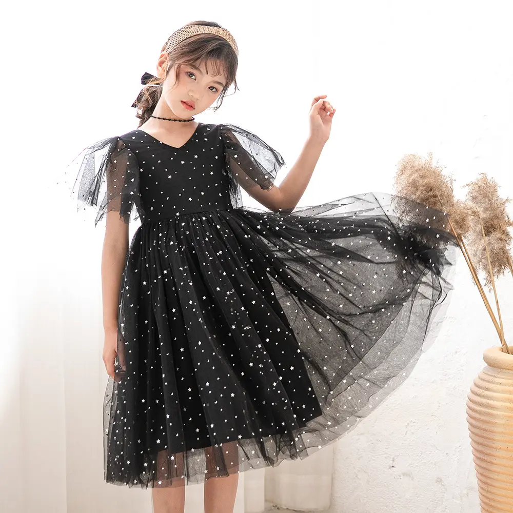 Vestido de verano de lentejuelas en forma de estrella para niñas, vestidos de princesa de tul de Manga mariposa de 3 a 9 años
