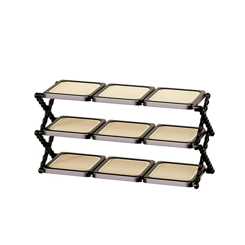 Three-tiered rattan folding shoe rack