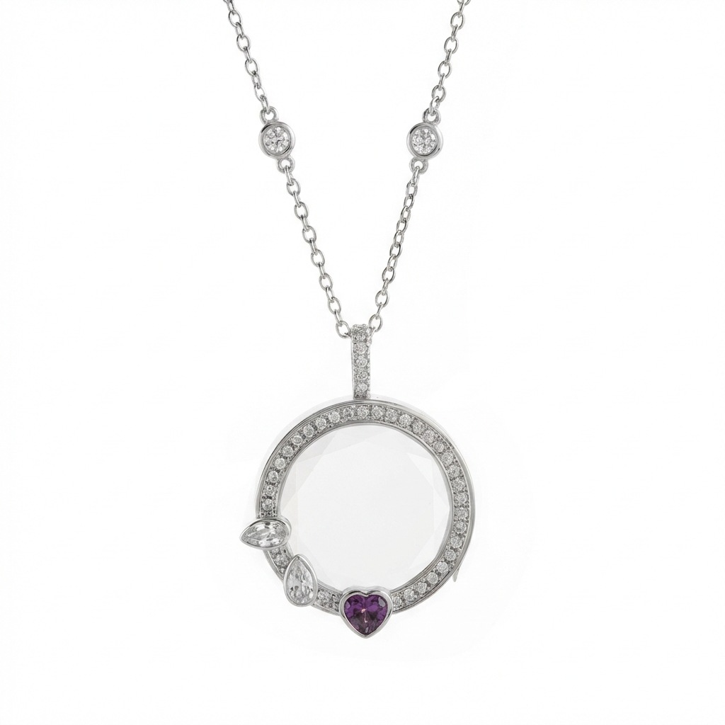 Collier boîte ronde coeur violet-boîte vide en argent